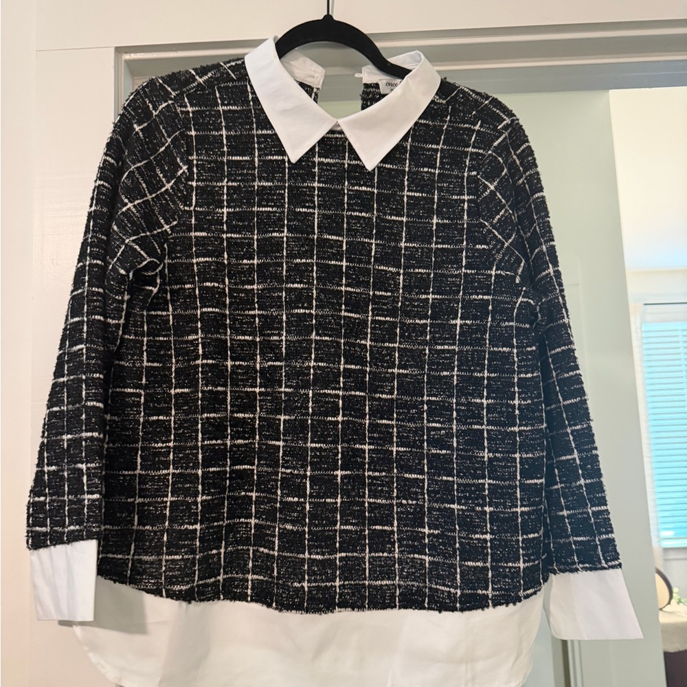 Black and White Plaid Sweater with Collar